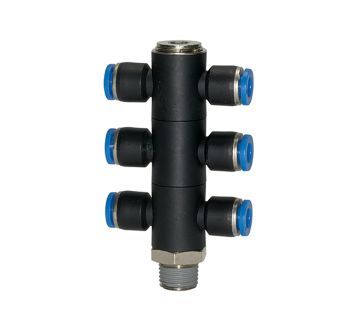 T-Mehrfachverteiler »Blaue Serie«, 6-fach, drehbar, R 1/8 a. Ø4mm